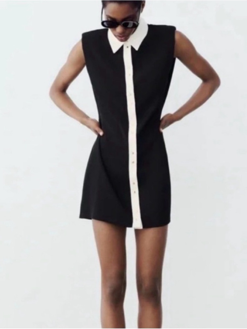 Zara Sleeveless Black Shift Dress with White Collar and Placket